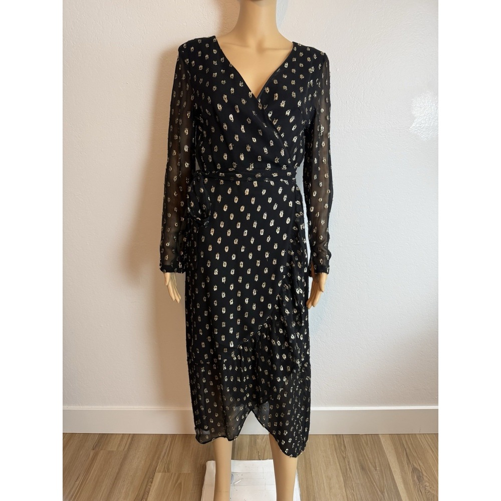 Y2K En Creme Sheer Black Metallic Gold Lurex Spotted Wrap Boho Midi Dress Size M